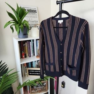 Club Monaco Blue and Gold Striped Long Sleeve Cardigan Sweater